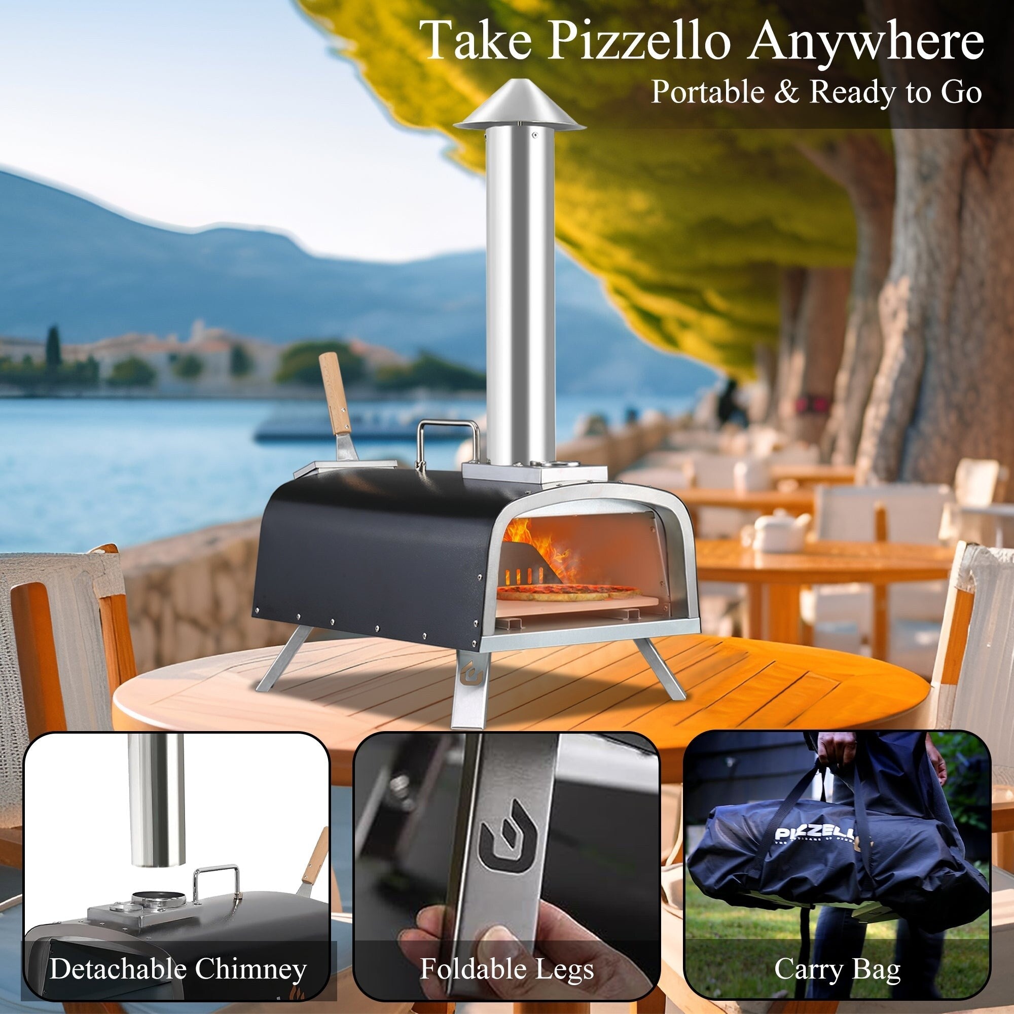 Four à pizza extérieur multi-combustible, machine à pizza cuite sur pierre avec brûleur à gaz et boîte à bois - 12 pouces