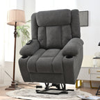 Fauteuil releveur électrique pour personnes âgées, en tissu, avec repose-pieds allongé, 2 porte-gobelets, poches latérales et télécommande.