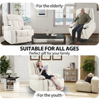 Fauteuil releveur électrique pour personnes âgées, en tissu, avec repose-pieds allongé, 2 porte-gobelets, poches latérales et télécommande.