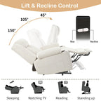 Fauteuil releveur électrique pour personnes âgées, en tissu, avec repose-pieds allongé, 2 porte-gobelets, poches latérales et télécommande.