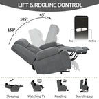 Fauteuil releveur électrique pour personnes âgées, en tissu, avec repose-pieds allongé, 2 porte-gobelets, poches latérales et télécommande.