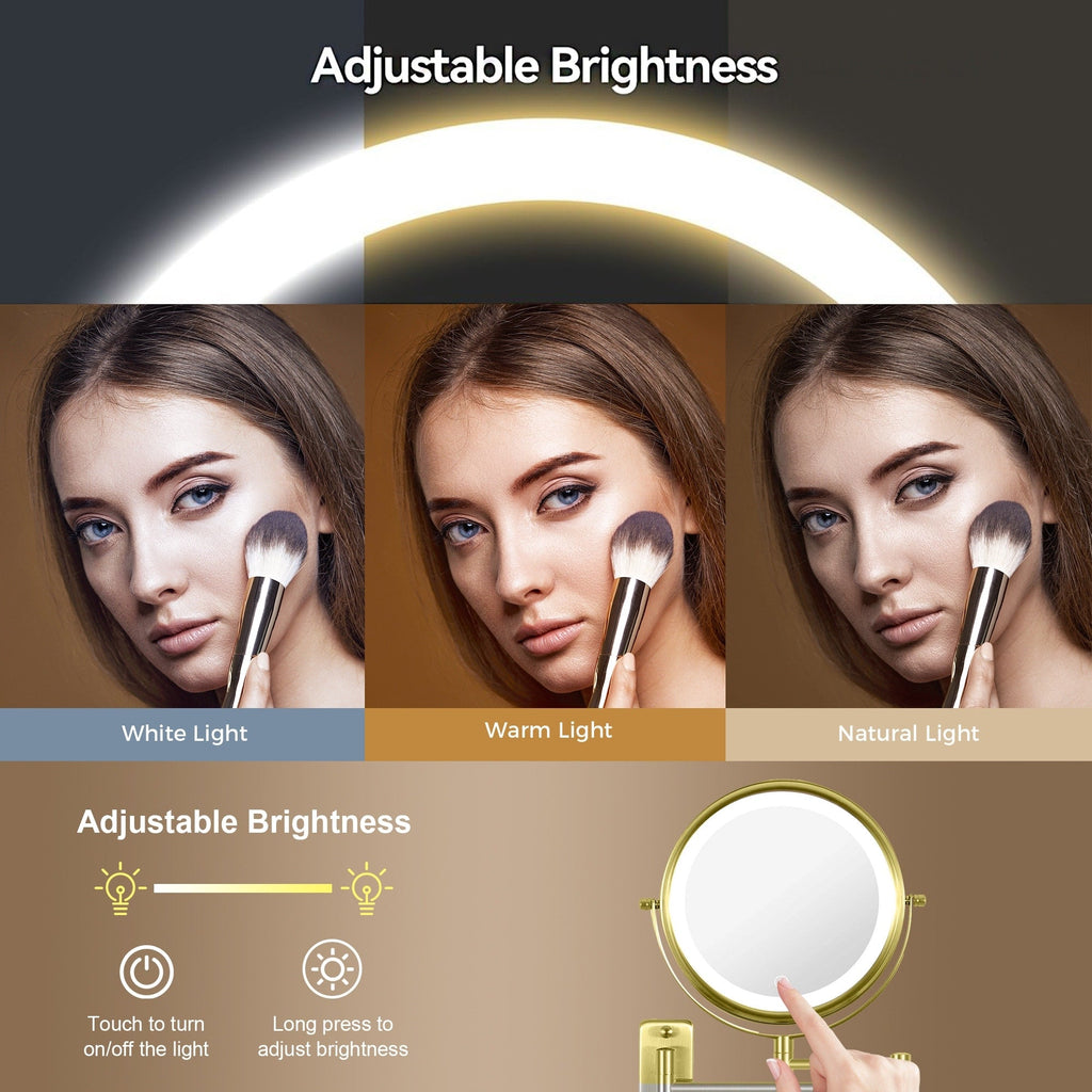 Miroir de maquillage mural rond de 8 pouces pour salle de bain, rechargeable, grossissement 1x/10x, 3 couleurs d'éclairage