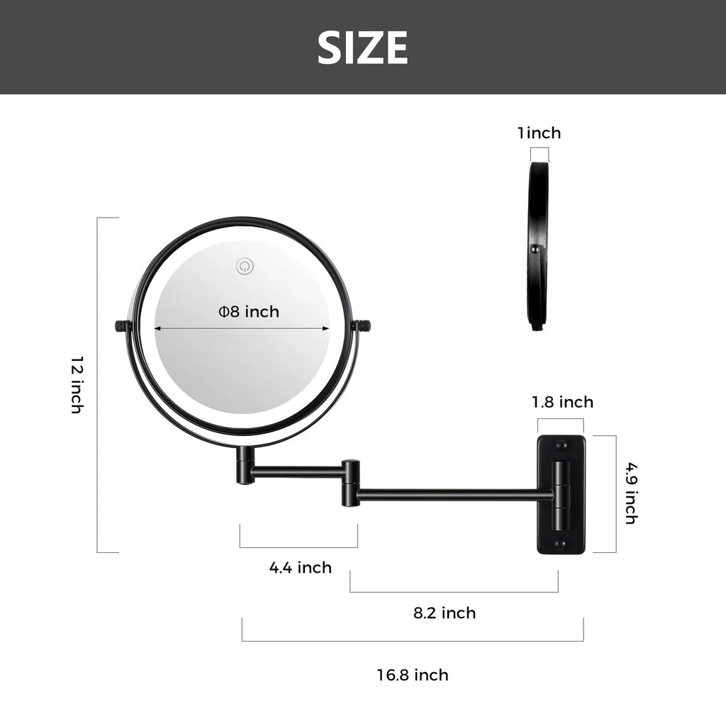 Miroir de maquillage mural rond de 8 pouces pour salle de bain, rechargeable, grossissement 1x/10x, 3 couleurs d'éclairage