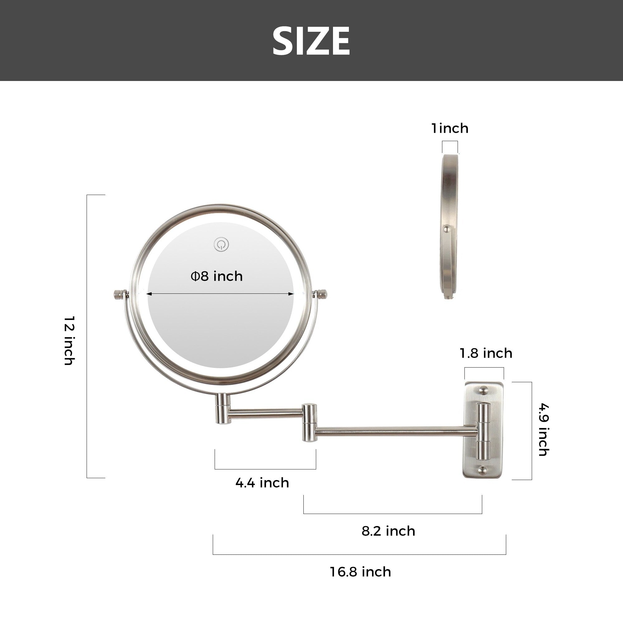 Miroir de maquillage mural rond de 8 pouces pour salle de bain, rechargeable, grossissement 1x/10x, 3 couleurs d'éclairage