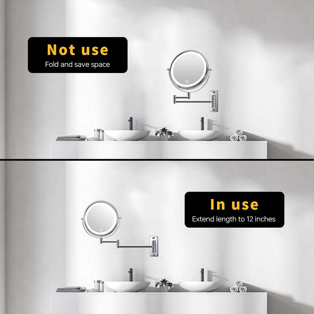 Miroir de maquillage mural rond de 8 pouces pour salle de bain, rechargeable, grossissement 1x/10x, 3 couleurs d'éclairage