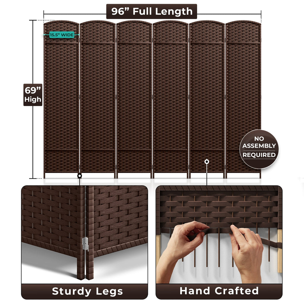 Séparateur de pièce Sorbus à 6 panneaux, cloison de séparation extra large et pliable, tissé à la main, à double charnière, en maille - 1,8 m