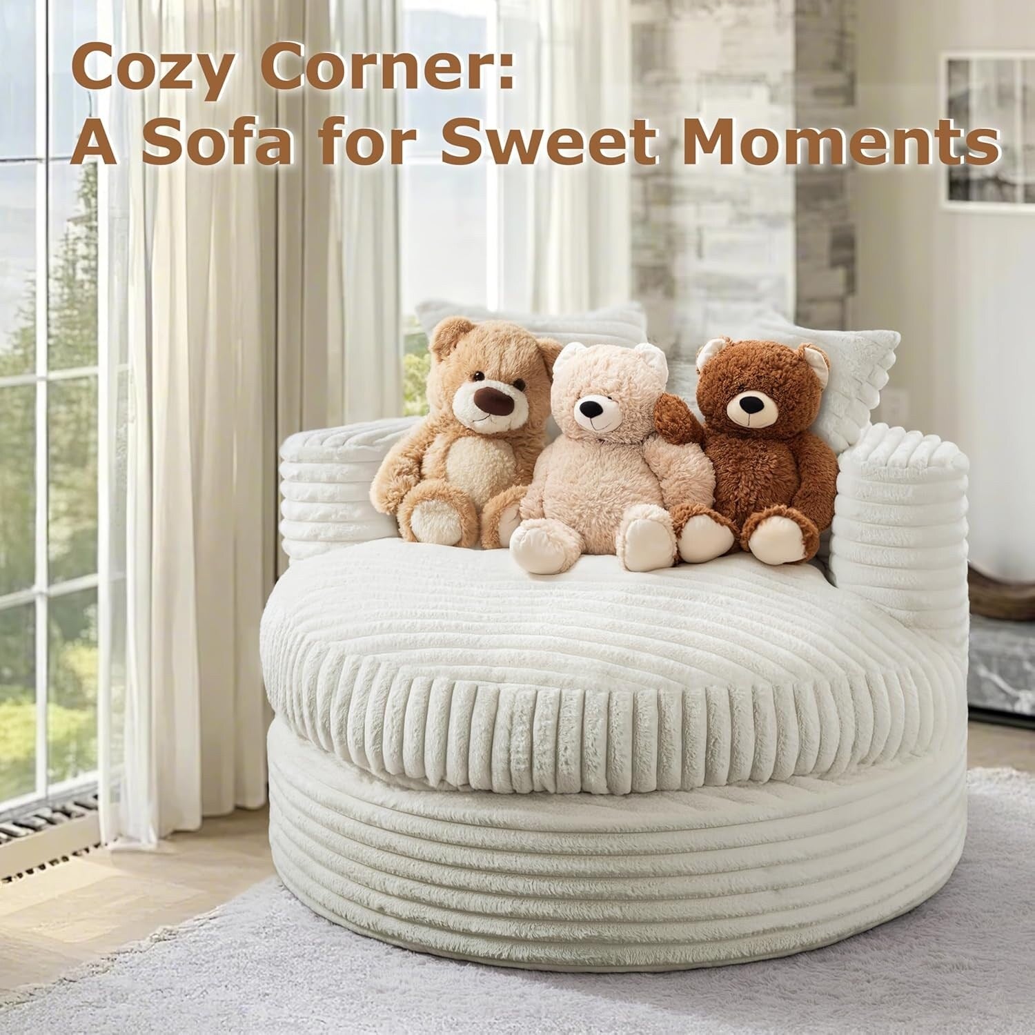 WOWMAX 47 Chaise longue ronde d'intérieur, canapé de sol rembourré en velours côtelé, fauteuil-lit surdimensionné avec 2 coussins décoratifs